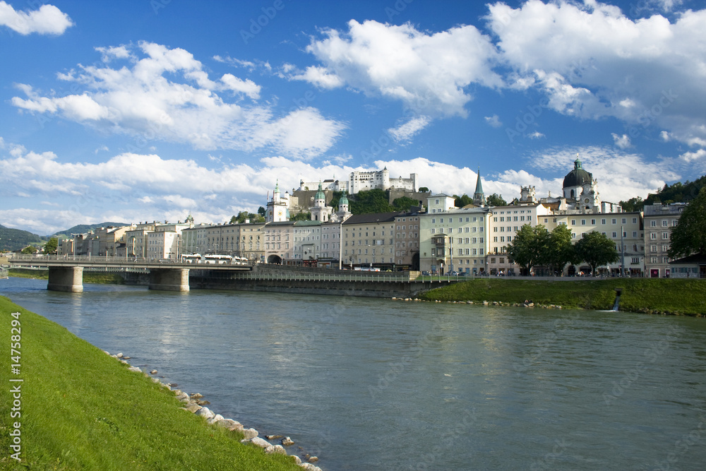 city of salzburg with salzach and panorama city of salzburg with salzach and panorama