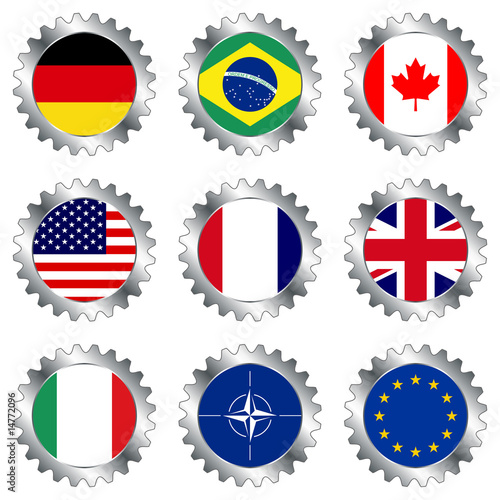 Cogwheels with flags isolated over white background