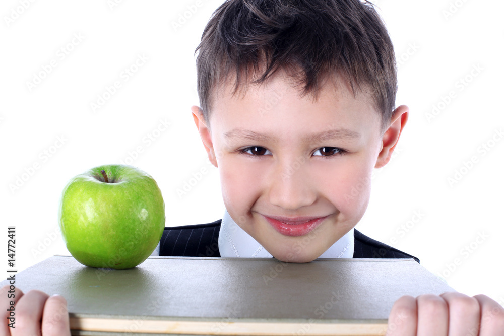 schoolboy with book and apple isolated on white schoolboy with book and apple isolated on white