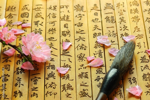 Photography Pink Flowers and Brush on Chinese ancient bamboo slips