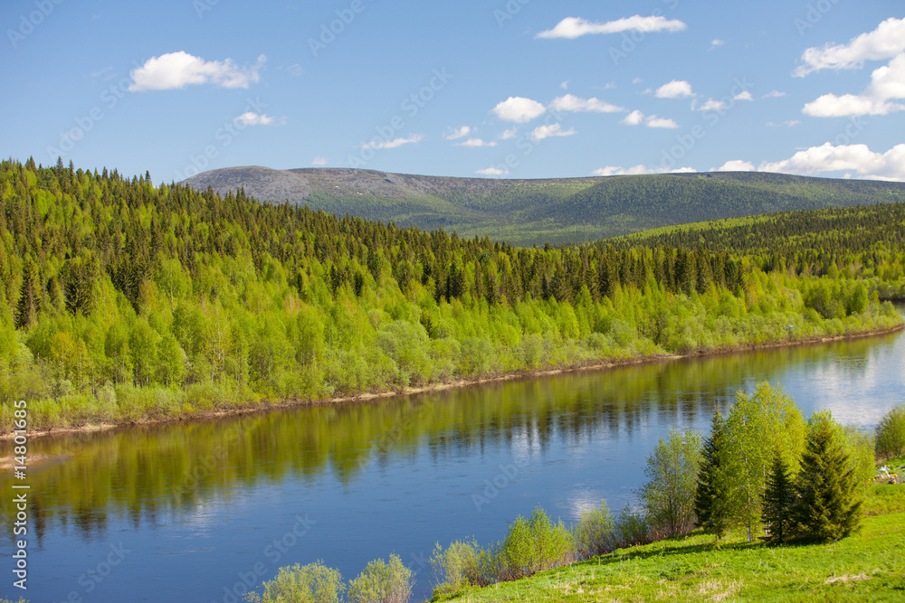 Summer landscape. River Vishera. Ural mountains