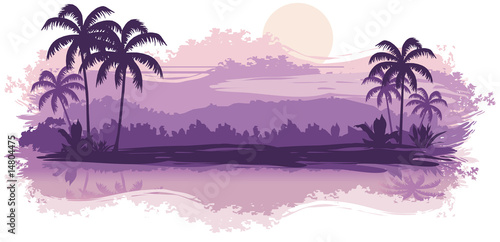 Tropical landscape in lilac tones