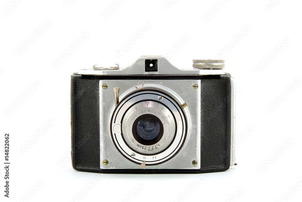 Old fashioned photo camera isolated on white background