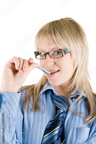 Business woman with pen at ...