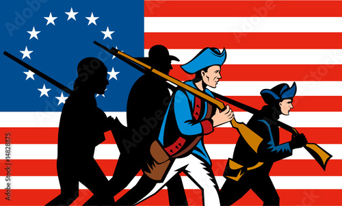 American revolution fighters with Betsy Ross flag