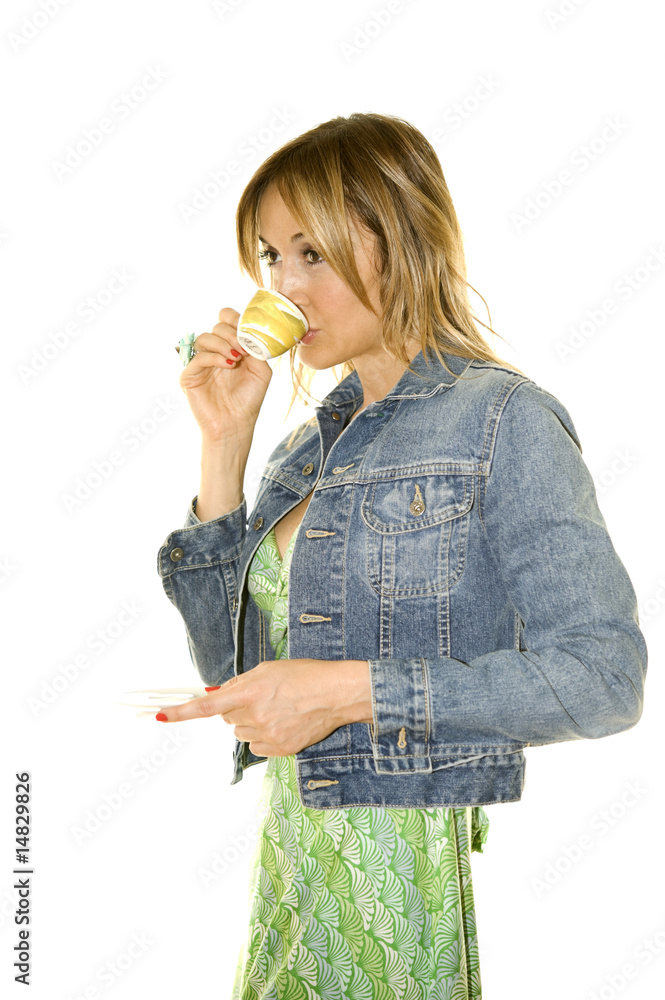 Young attractive blond woman drinking coffee, Young attractive blond woman drinking coffee,