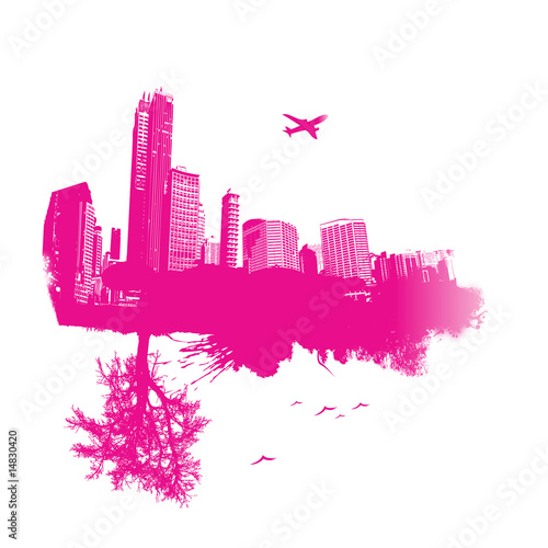 Pink city with nature on opposite side. Vector