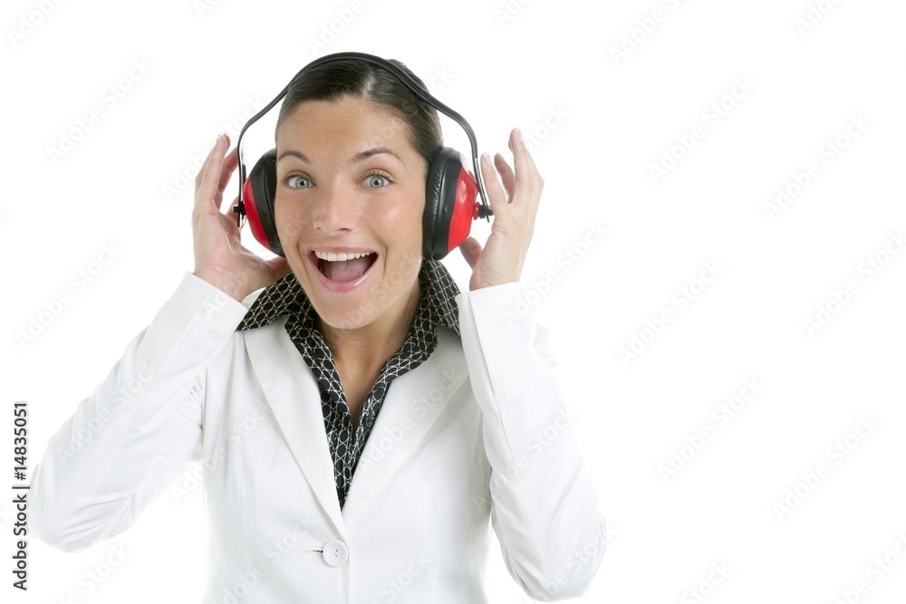 Businesswoman and safety headphones expression Businesswoman and safety headphones expression