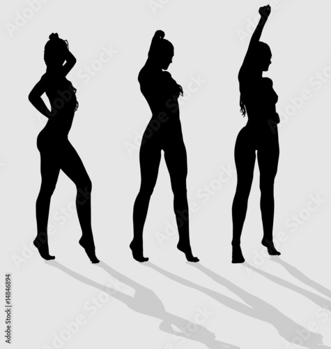Vector silhouettes of three sexy female on gray background.