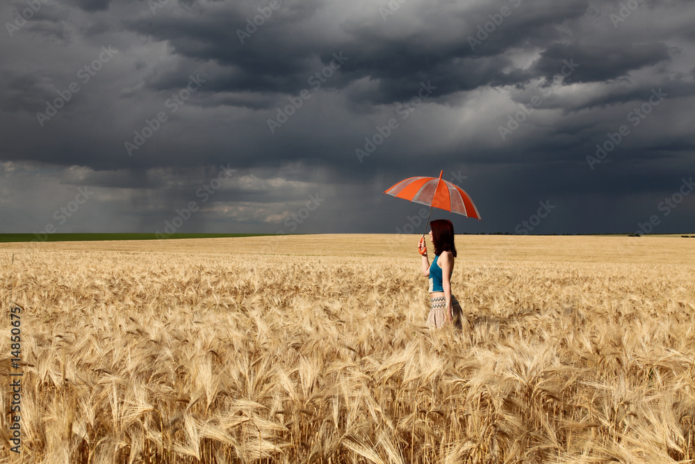 girl with umbrella at wheat field in rainy day girl with umbrella at wheat field in rainy day