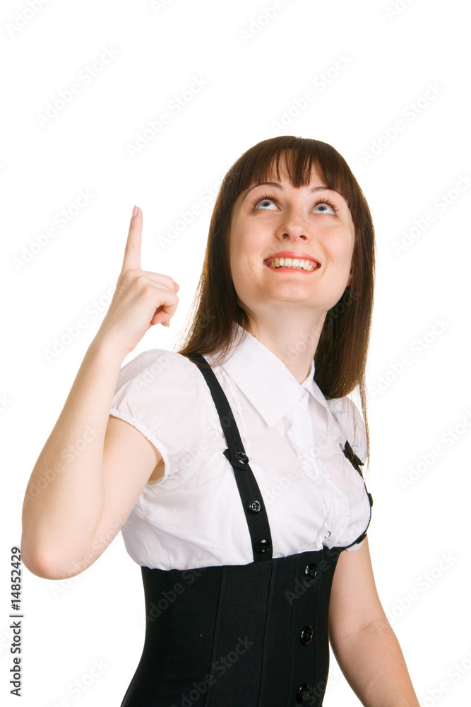 Pretty woman pointing up with her finger Pretty woman pointing up with her finger