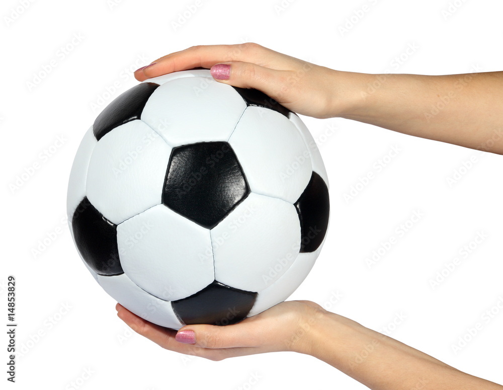 Soccer ball in hands on a white background