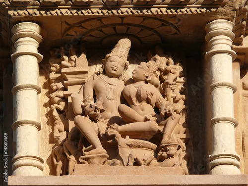 Stone carved erotic sculptures in hindu Khajuraho temple, India