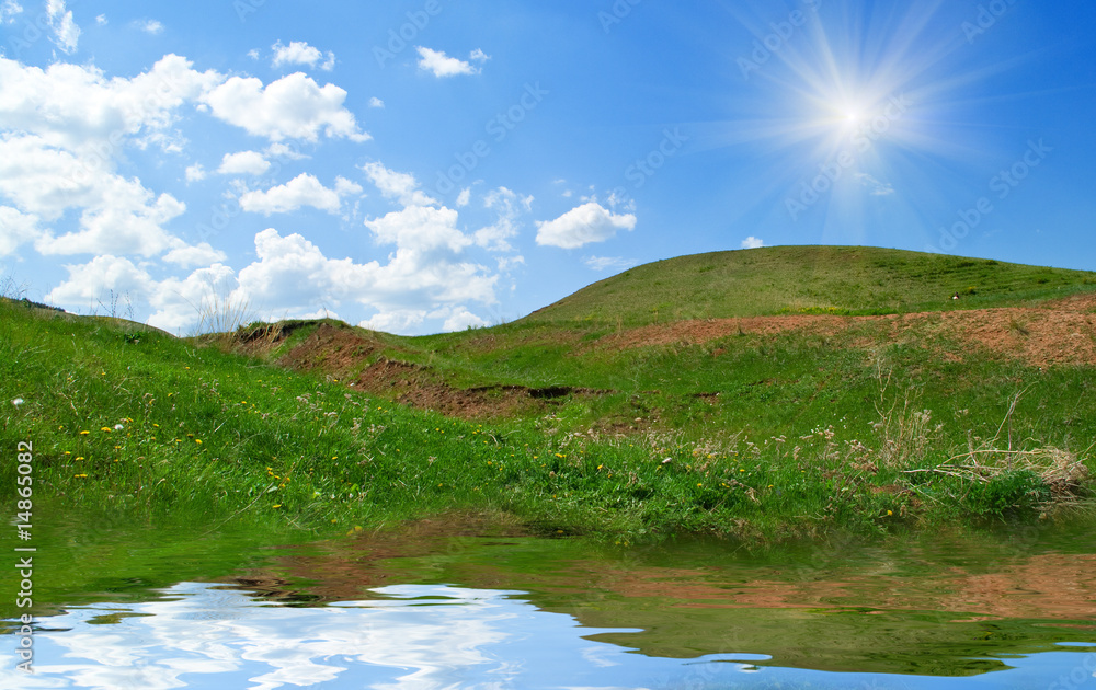 Summer landscape with lake and hills