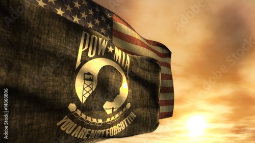 (1097) POW MIA and American Flags with Sunset