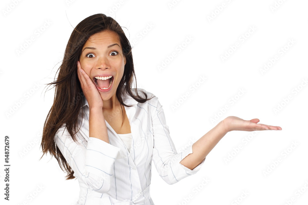 Excited woman showing product Excited woman showing product