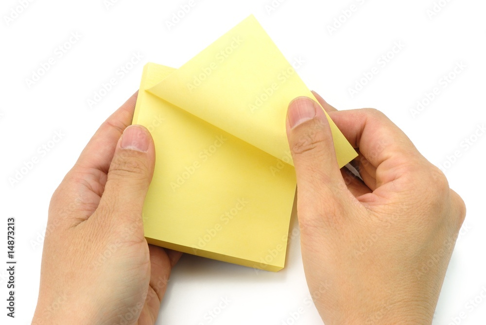 Fototapeta premium Blank note in hand,Isolated on white background