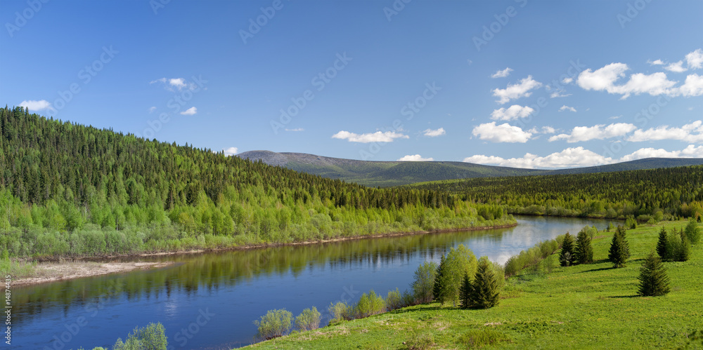 Summer landscape. River Vishera. Ural mountains. panorama