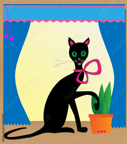 Cat With Flowerpot Near The Window