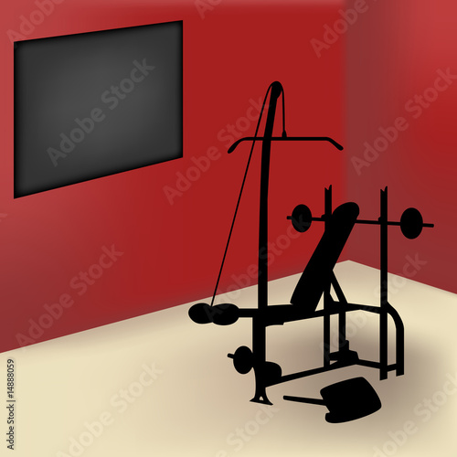 Gym equipment in red room with board for announce