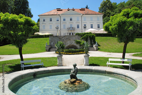 Tivoli castle and fountain horizontal view Slovenia Ljubljana