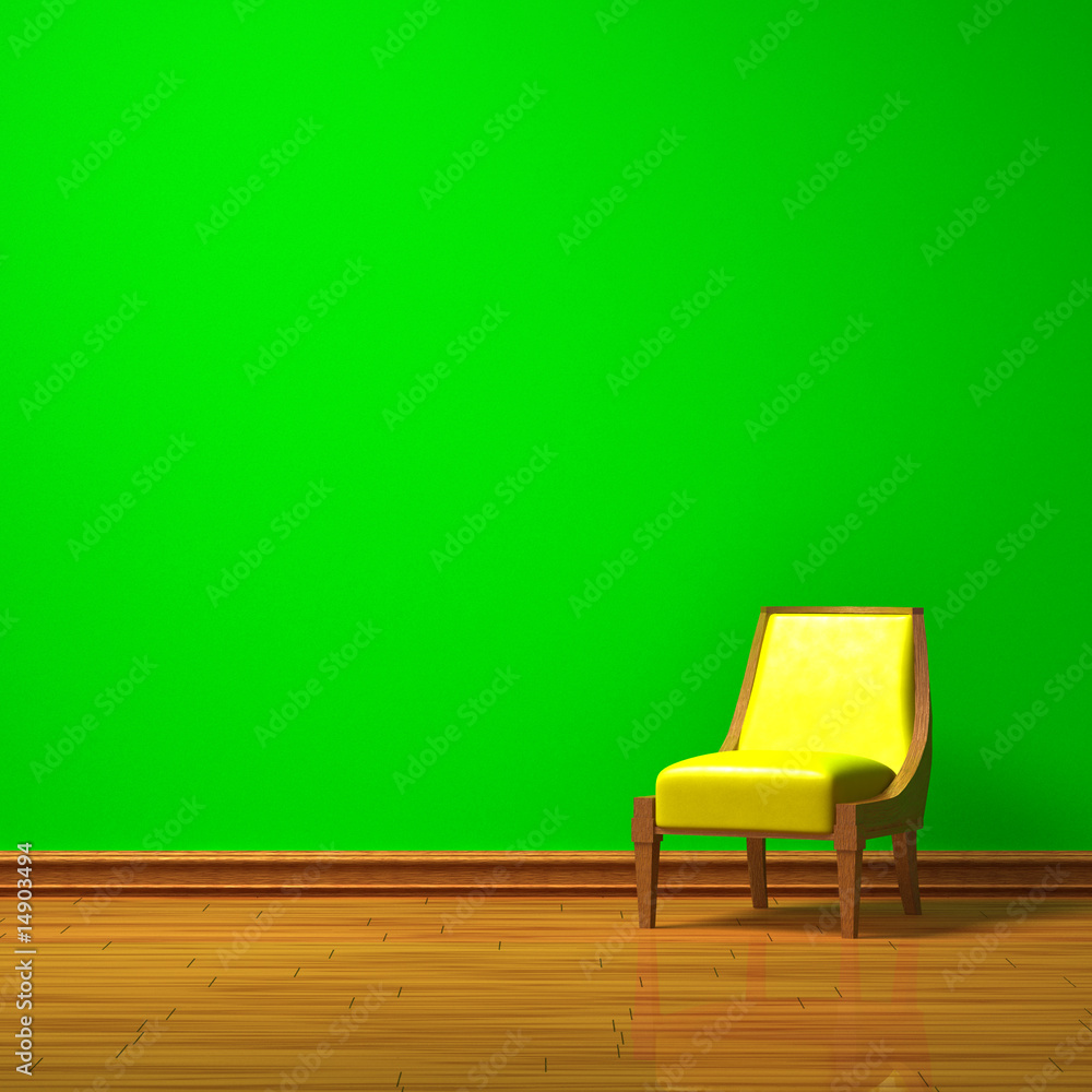 Yellow chair in green minimalist interior - obrazy, fototapety, plakaty 