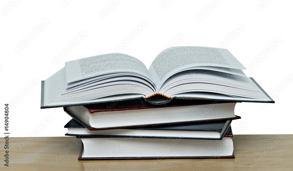 Open book and pile of books isolated on white background Open book and pile of books isolated on white background