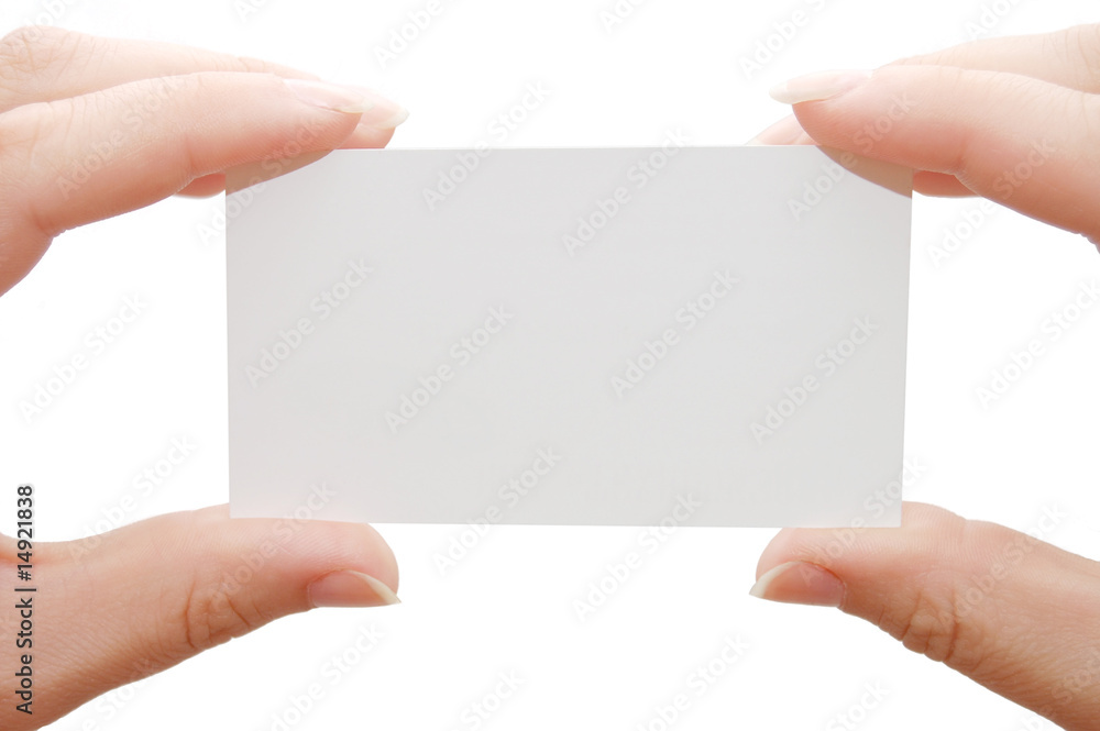 Paper card in woman hands isolated on white background Paper card in woman hands isolated on white background