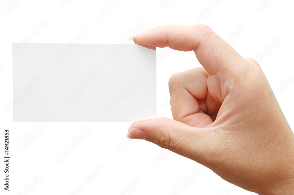 Obraz premium Paper card in woman hand isolated on white background