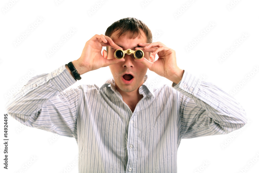 The person with the field-glass on it is isolated a background The person with the field-glass on it is isolated a background