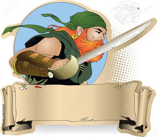 Redbeard pirate with cutlass against a banner