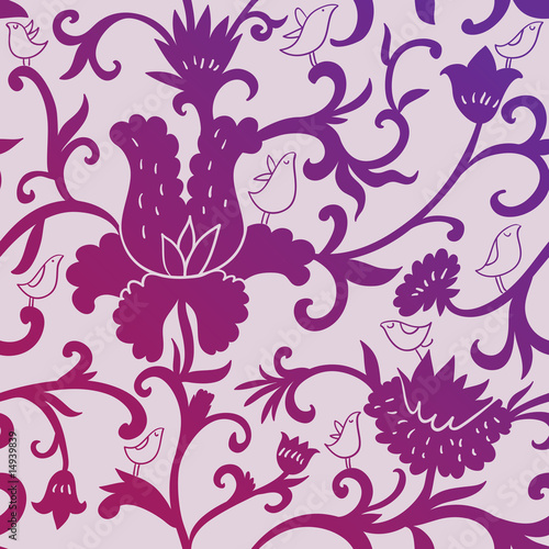 Birds in flowers - seamless pattern in purple