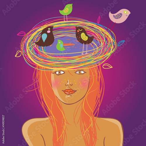 Beautiful girl with a nest on her head. Bright summer concept