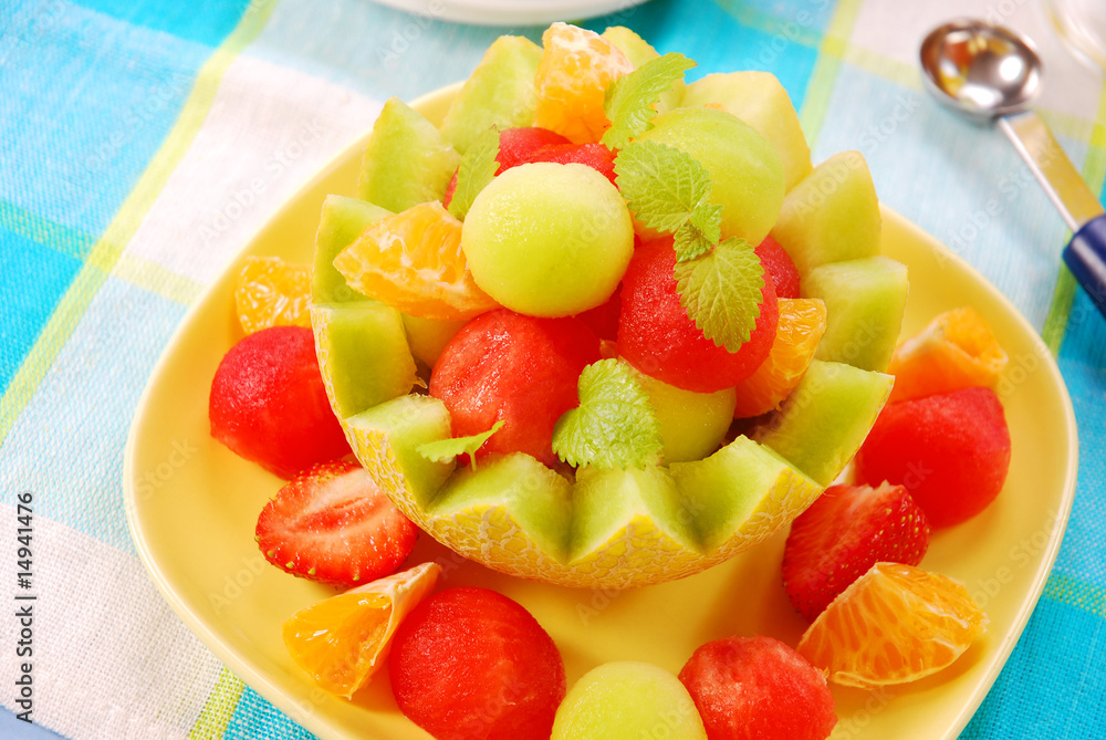 fruits salad in melon bowl