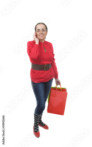 lady in red talking by phone