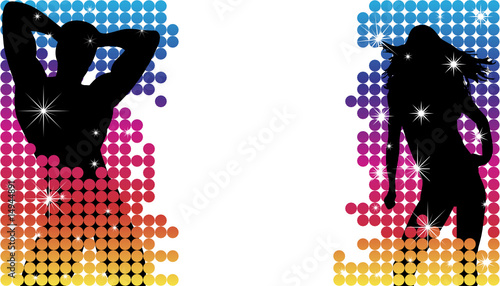 Grunge Background with Party Couple Silhouette with Stars