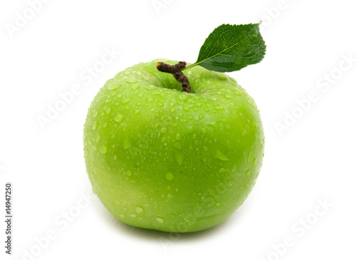 wet green apple on white background