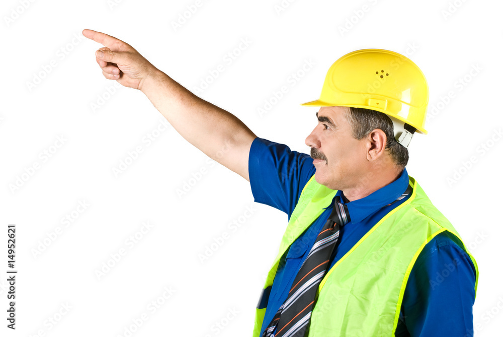 Senior architect man pointing to upwards Senior architect man pointing to upwards