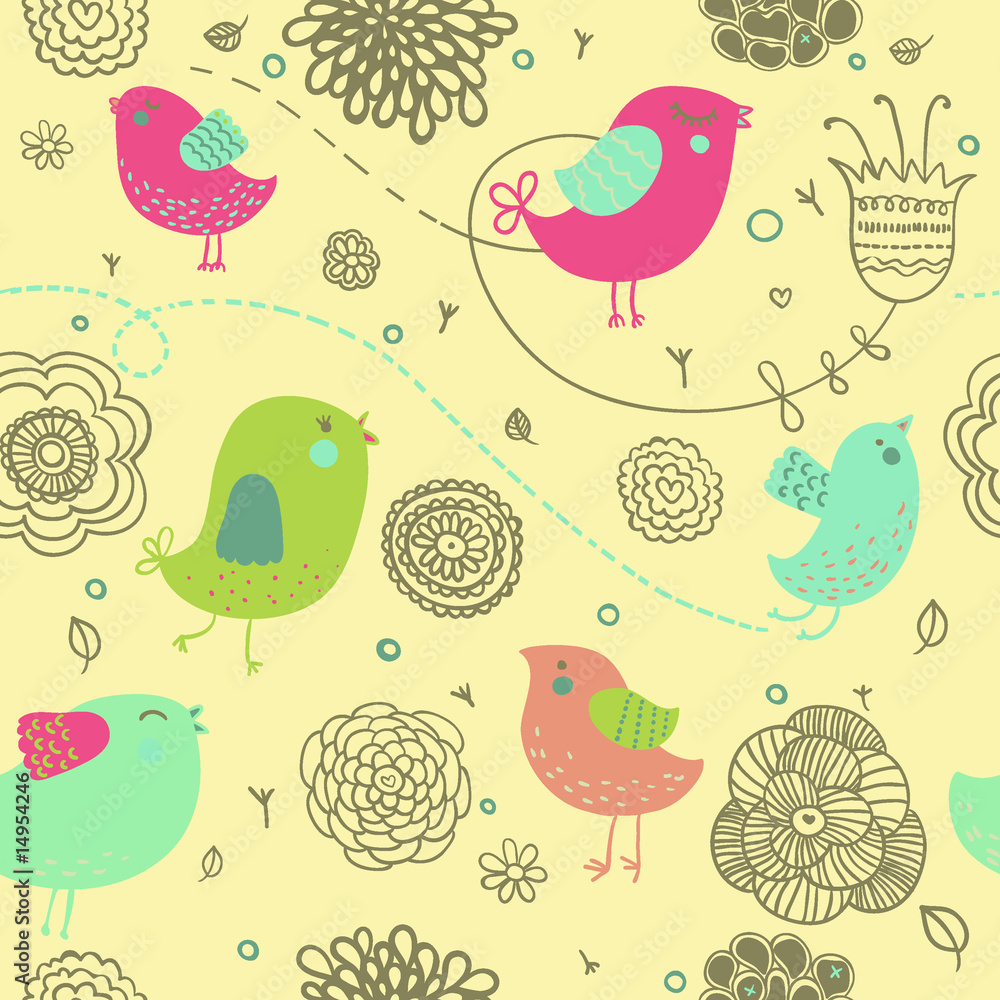 Nice spring background - cartoon birds in flowers Nice spring background - cartoon birds in flowers
