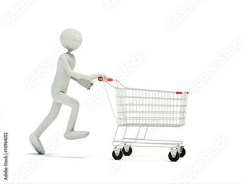 Buyer with empty shopping cart isolated on white