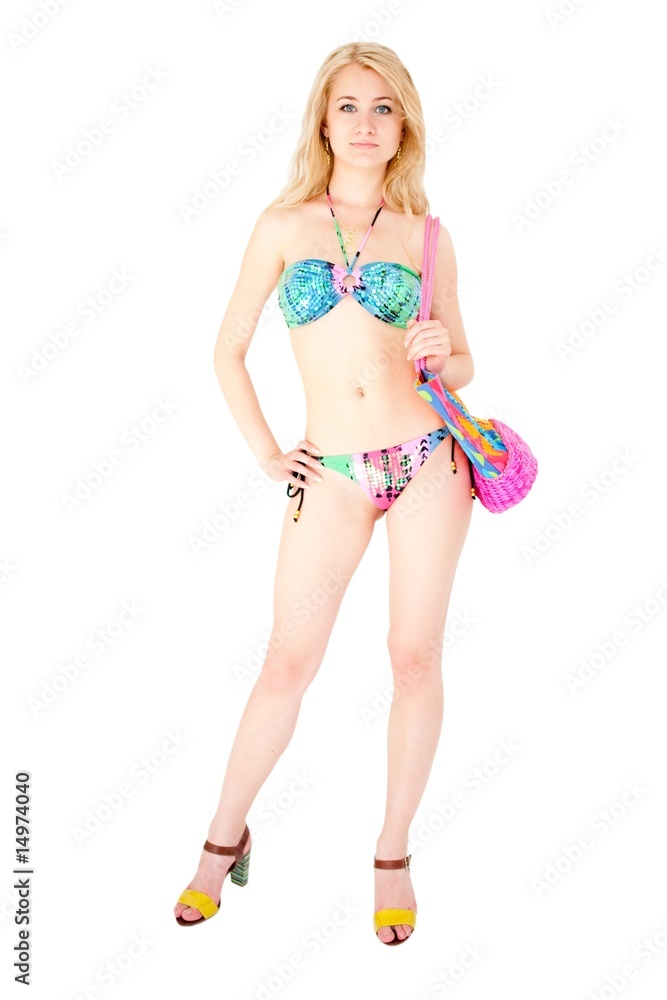 Attractive blond girl in swimsuit with handbag Attractive blond girl in swimsuit with handbag