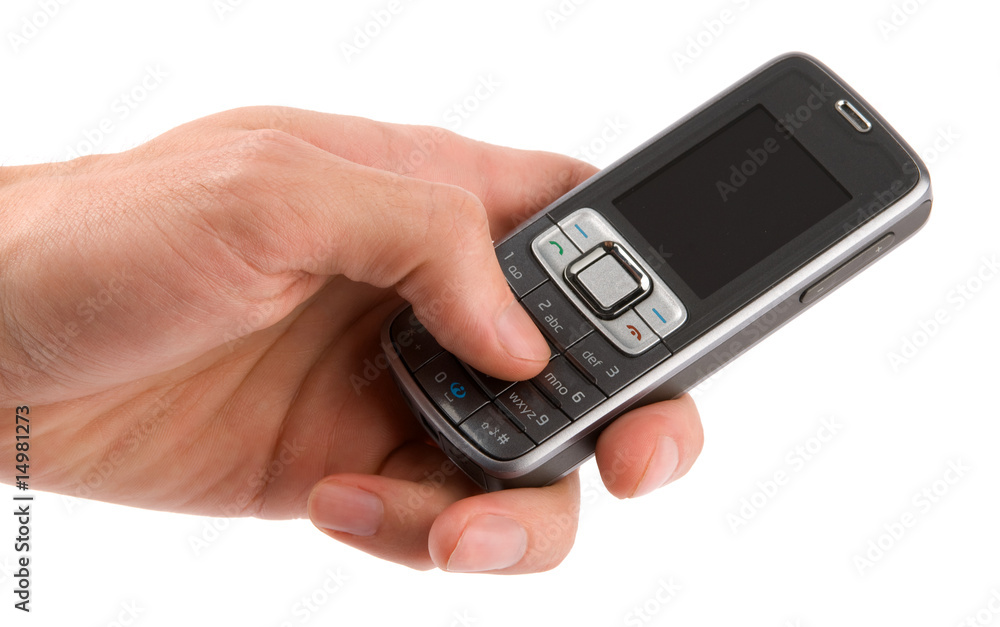 Mobile phone in man hand isolated on white background Mobile phone in man hand isolated on white background
