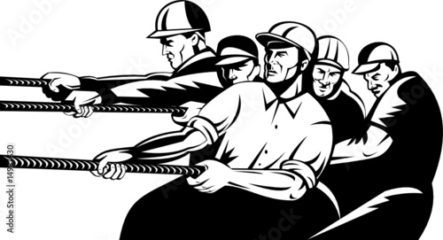Construction workers pulling together as a team