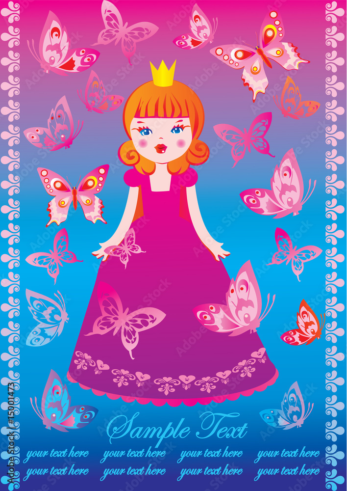 Beautiful princess with butterflies and sample text. Fairy-tale