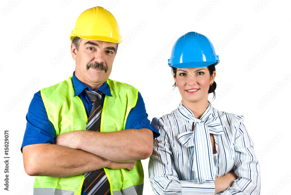 Portrait of two architects team with hard hat Portrait of two architects team with hard hat