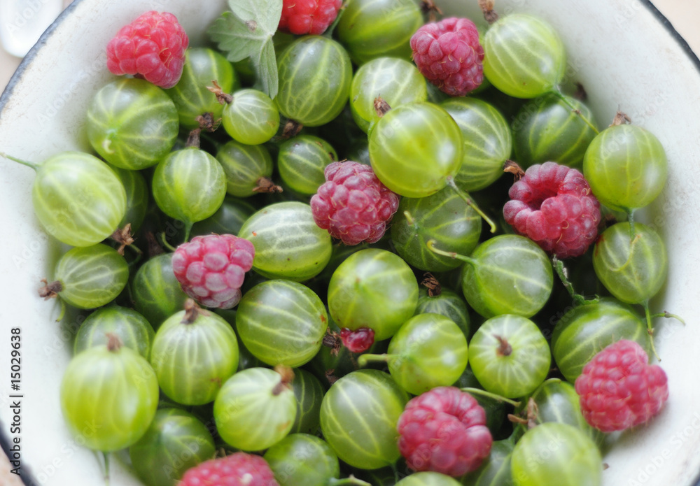 Gooseberry and raspberry on white plate