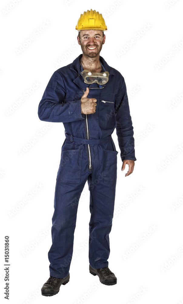 worker in overalls helmet smiling thumbs up isolated white background worker in overalls helmet smiling thumbs up isolated white background