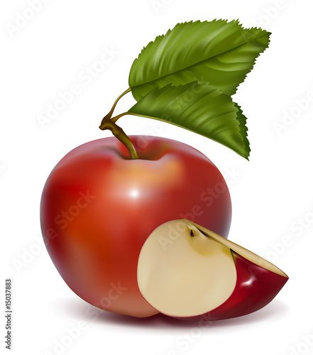 Red apple with green leaves. Vector - mesh.