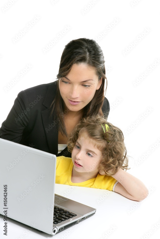 Beautiful mother and daughter laptop computer Beautiful mother and daughter laptop computer