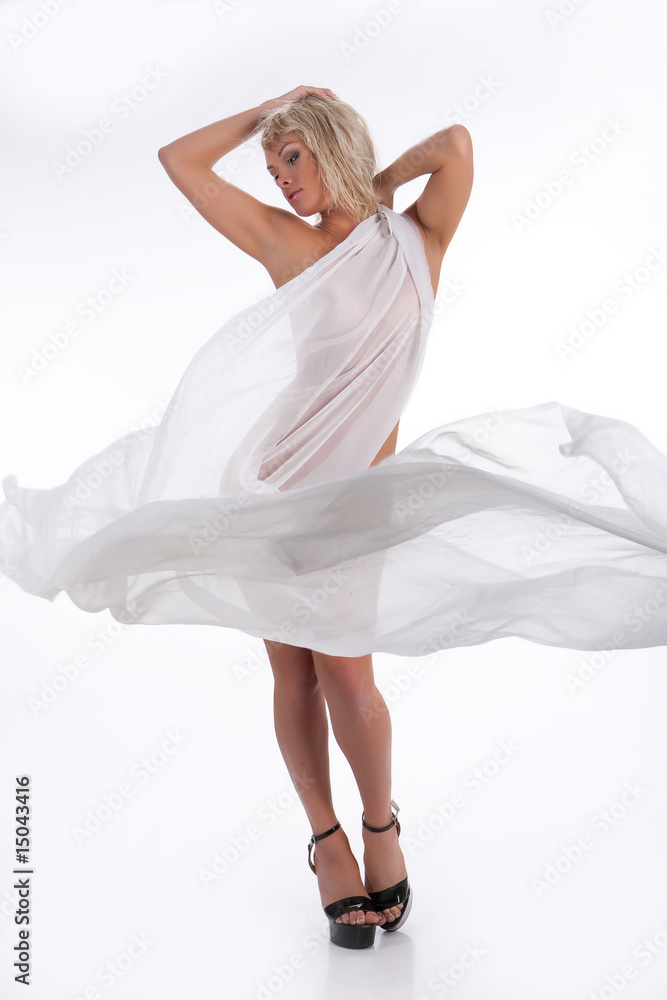 Young Nude Woman With White Fabric